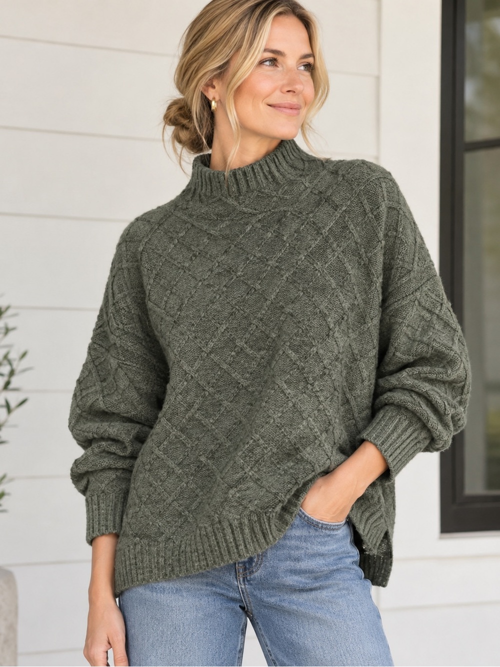 Mersea Lisbon Traveling Forest Green Diamond-Knit Mock Neck Sweater one size